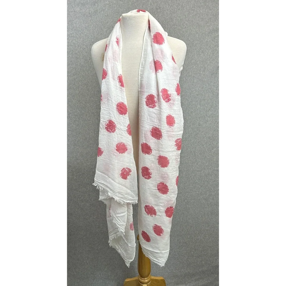 Boutique Scarf White Pink Polka Dot Gauze Frayed Edge Preppy Girly SpringNWT